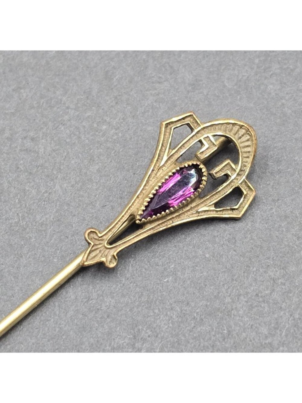 Vintage Art Deco Gold Tone Purple Glass Stick Pin 3" Geometric Lapel Tie - Picture 2 of 10